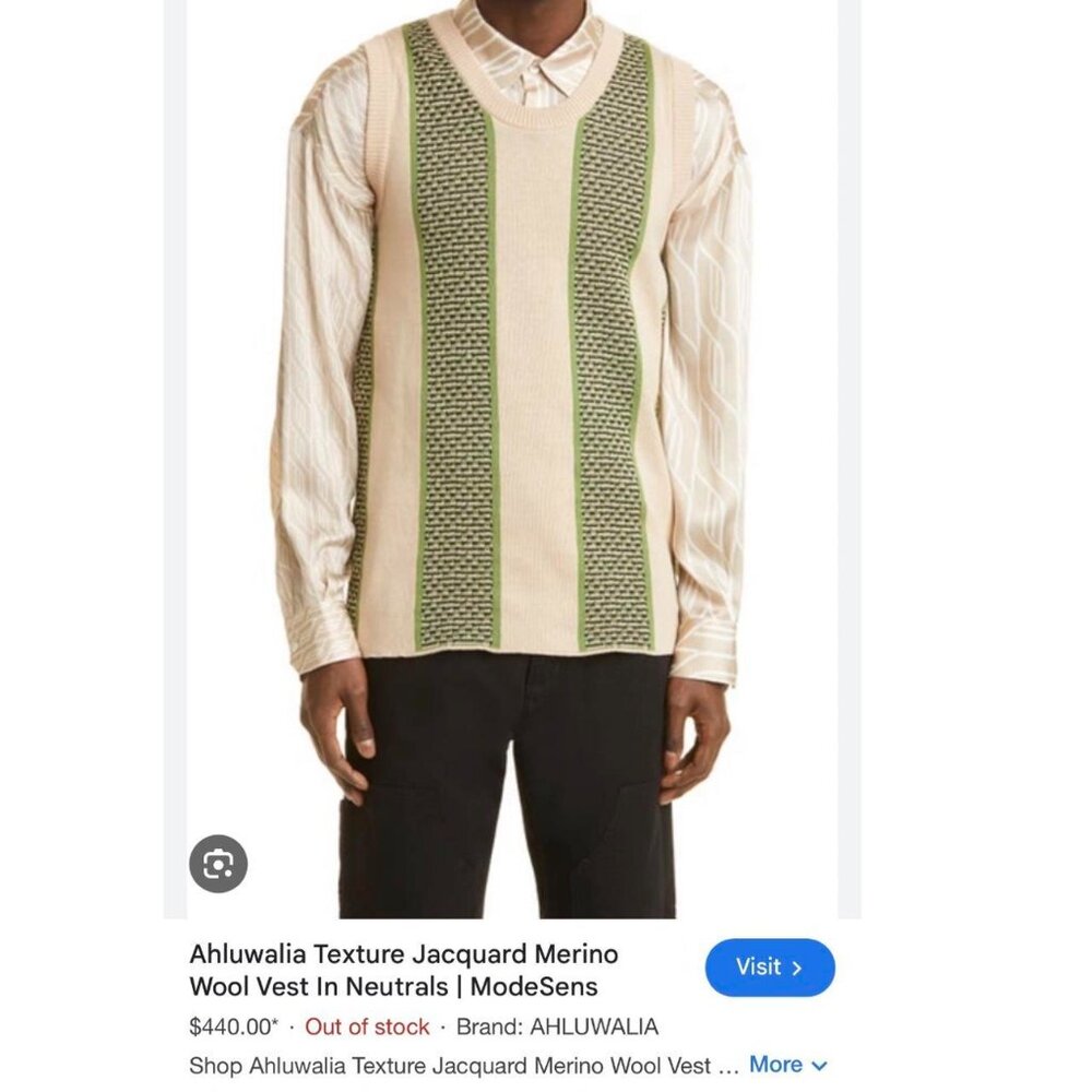 Alhuwalia texture Cream & Green jacquard merino wool‎ vest Size XL